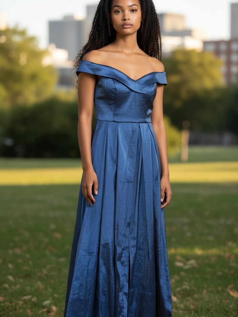 Elegant Off the Shoulder Evening Gown in Deep Blue by Windsor. Women’s Size Med